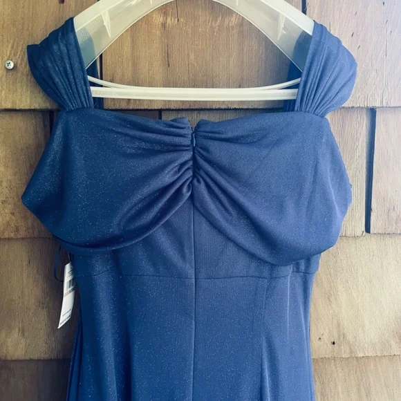 Alex Evening Sz12 Cold Shoulder Glitter Mesh Blue Dress Draped Skirt Cowl Neck - Picture 13 of 16